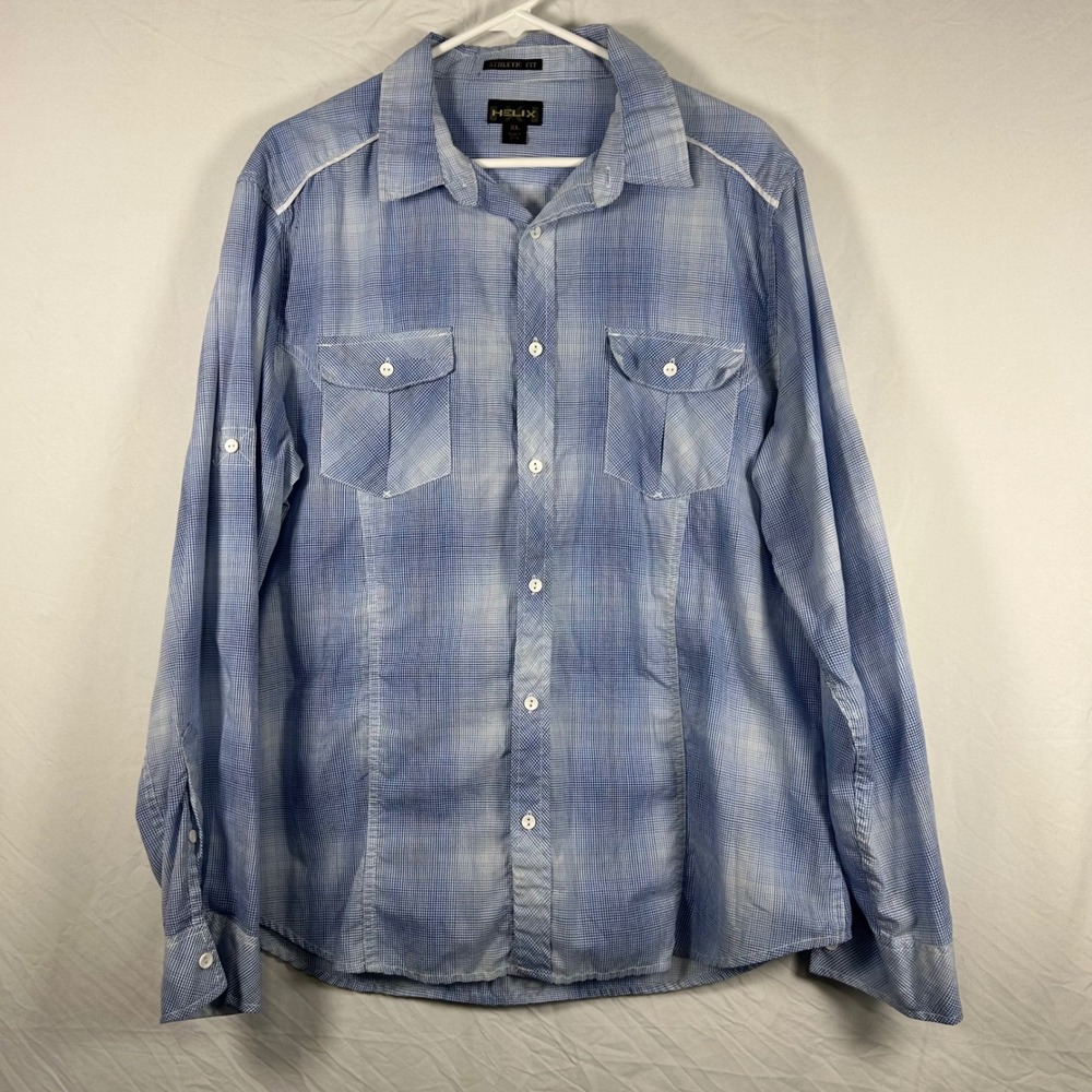 Helix Button Down Shirt Mens XL Blue Plaid Athletic Fit Long‎ Sleeve Roll Tab